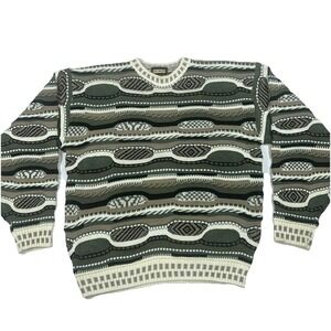 Vintage Bachrach 3D Knit Sweater Sz XL Coogi Style Crosby Green Beige Black‎ 90s
